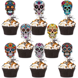 Day Of The Dead Cake Toppers Colorful Sugar Skull Mexican Theme Cardstock Bamboo Sticks Dessert Fruit Picks Party Decoration