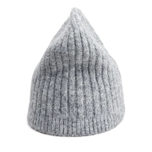 Close-up of gray wool blend knit beanie showing thick ribbed texture and fuzzy mohair fiber