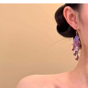 Détail de boucles d'oreilles papillon ajourées avec pampilles violet et rose dégradé