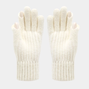 Detailed view of cream-colored knit gloves featuring premium ribbed texture and long cuffs