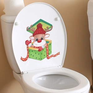 Christmas reindeer in green gift box decal sticker on white toilet lid cover