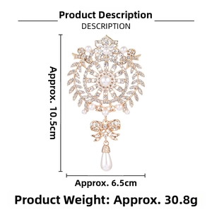 Detailed size specifications of a luxury crystal teardrop brooch with large pearls