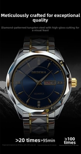 Detail of blue quartz watch dial with gold silver tungsten steel band and date window