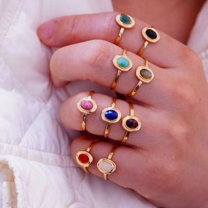 French luxury gold plated stainless steel open rings with colorful oval natural stones