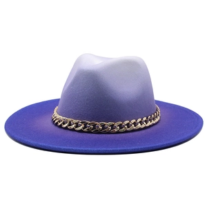 Woolen Felt Fedora Hat Wide Brim Ombre Gradient Patchwork With Gold Chain Fashion Jazz Party Cap For Men Women