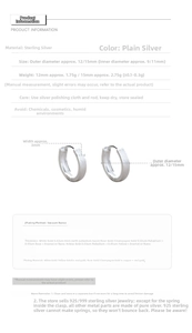 Detailed size specifications for 12mm and 15mm matte 999 sterling silver hoop earrings