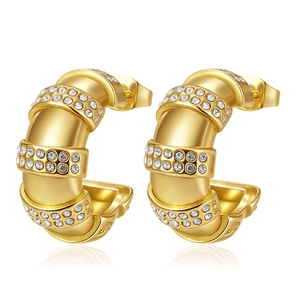 Elegant gold-tone C-shaped hoop earrings with sparkling cubic zirconia stripes and studs