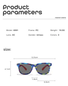 Detailed size chart and technical specifications for kids cartoon dinosaur sunglasses