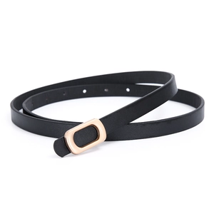 Slim black PU leather belt for women with elegant golden oval metal pin buckle
