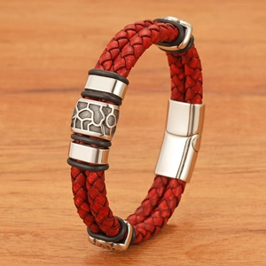 Men's double-layer red braided leather bracelet with vintage steel beads and magnetic clasp