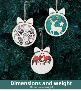 Detail showing wooden Christmas ornaments with reindeer and house designs on a tree