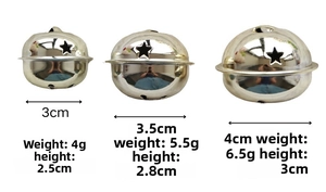 Detailed size comparison of three silver hollow star bells with height and weight specs