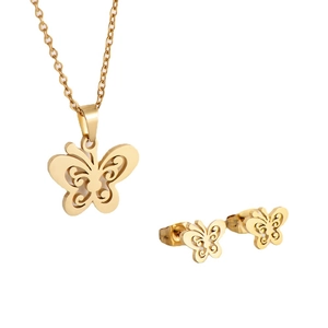 Golden butterfly jewelry set featuring titanium steel necklace and stud earrings