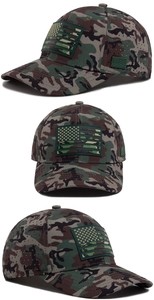 Detailed views of camouflage tactical cap with US flag PVC patch and laser-cut vents