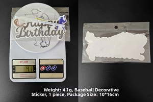 Detailed view of Baseball Happy Birthday cake topper showing size and weight specs