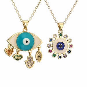 Evil Eye Necklace For Women Gold Tone Copper Colorful Zircon Hamsa Hand Heart Lips Charm Fashion Jewelry Boho Style