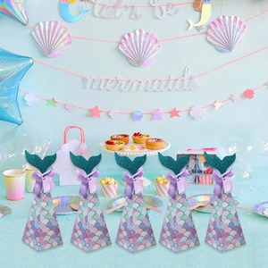 Mermaid Theme Party Candy Boxes With Glitter Tail And Ribbon Bow Gradient Scales Cardboard Favors For Wedding Birthday