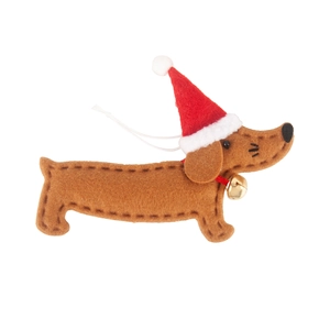 Felt dachshund ornament with a red Christmas hat and gold bell for tree decoration