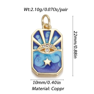 Detailed view of blue enamel heart pendant showing dimensions 22mm x 10mm and copper material