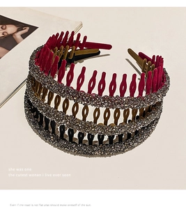 Close-up of three velvet headbands with non-slip teeth and sparkling rhinestones