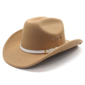 Classic camel felt western cowboy hat with wide brim, white leather band and gold buckle