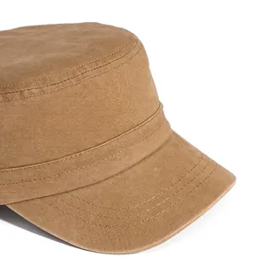 Khaki washed cotton flat top army cap with reinforced stitching and wide brim detail