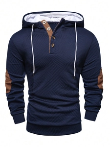 Men's navy hooded sweatshirt with brown elbow patches and jacquard texture