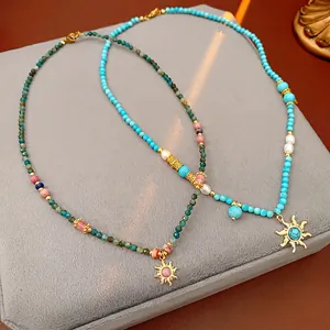 Collier Perles Avec Pendentif Soleil Pierre Et Perle Eau Douce Bijoux Bohème Ethnique Vintage Pour Femmes