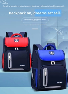 Detail of red and blue school backpacks with reflective strips and cartoon badges