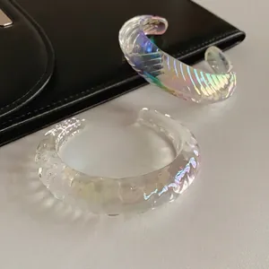 Iridescent Acrylic Bangle Irregular Geometric Ripple Texture Minimalist Modern Transparent Aesthetic Hand Jewelry For Women