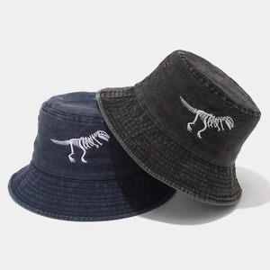 Vintage washed cotton bucket hats with dinosaur skeleton embroidery in navy and charcoal