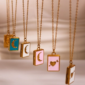 Gold stainless steel book necklaces with colorful enamel moon and heart charms