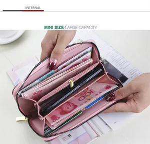 Pink leather long wallet with zip closure, multi-slot card holders and large phone pocket