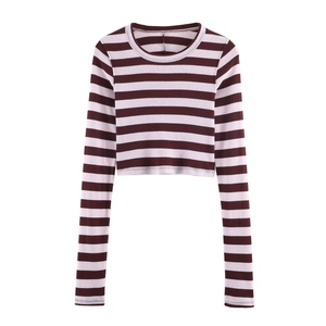Top Court Rayé Femme Tricot Manches Longues Col Rond Décontracté Coupe Ajustée Streetwear T-Shirt