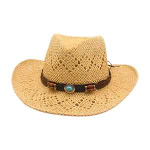 Cappello da cowboy in paglia intrecciata con pietra turchese e fori traspiranti