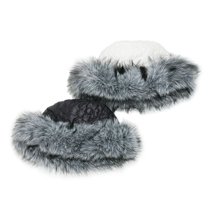 Detail of quilted winter bucket hats with grey faux fox fur trim in black and white