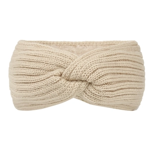 Detail of beige cable-knit headband featuring a twist knot and warm fleece lining