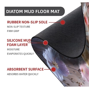 Three-layer diatom mud bath mat with non-slip rubber base and purple floral pattern