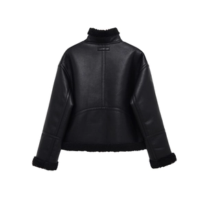 Black faux leather biker jacket with faux shearling collar and trim back view on white background