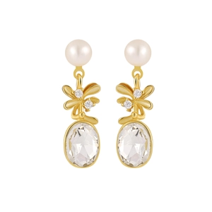 Elegant gold earrings with pearls, zircon flower bows and clear crystal drops