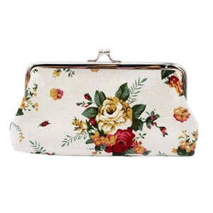 Vintage floral embroidery canvas wallet with metal clasp on a clean white background