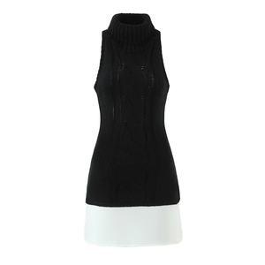 Women's chic high neck sleeveless knit dress with contrast white layered hem design