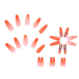 Long coffin press-on nails set featuring orange gradient, butterfly art, and glitter accents