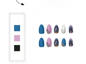 Détail de faux ongles mats bleu et violet avec motifs géométriques et strass brillants