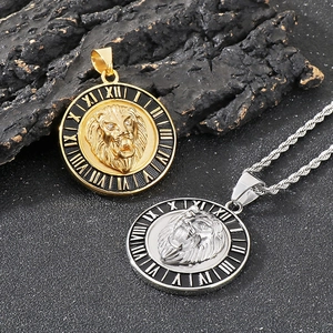 Hip hop lion head pendants in gold and silver with Roman numerals on rock background