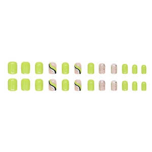 24-piece short square-oval press-on nails with green wave patterns and glitter finish