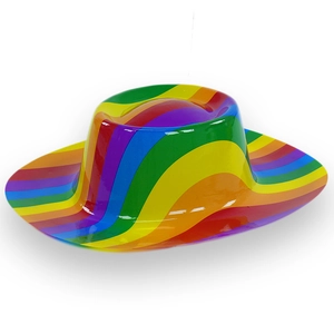 Macro shot of glossy PVC rainbow cowboy hat showing vibrant stripes for party dressing