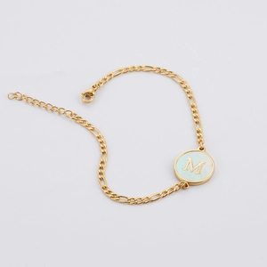Gold stainless steel Figaro chain bracelet with shell letter M pendant for women