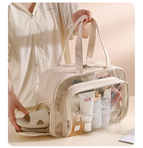 Detail of cream travel toiletry bag with TPU compartments and shoe storage section