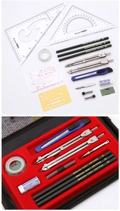 Macro shot of mechanical drawing kit tools inside a professional red lined zipper pouch